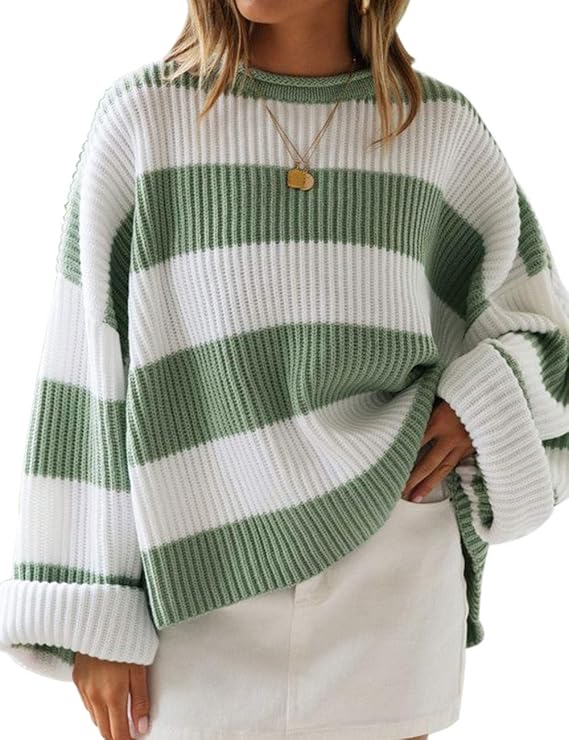 Women's 2025 Fall Long Sleeve Oversized Striped Color Block Comfy Loose Crew Neck Knitted Pullover Sweater