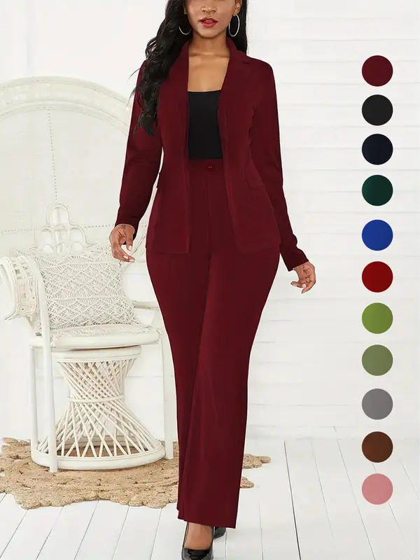 Two-piece Set Women's Plain Button Lapel Neck Blazer & Suit Pants, Elegant Business Casual Fitted Long Sleeve Outerwear & Trousers for Daily Outdoor Wear