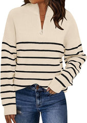 Women's Quarter Zip Striped Oversized Sweater 2025 Mock Turtleneck Fall Fashion Outfit