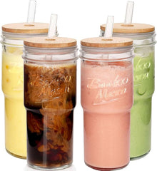 Glass Cups with Lids and Straws 4 Packs, 24oz Travel Coffee Mug Bamboo Mason Jar Valentines Party Drinking Jars Glasses Cute Clear Glass Tumbler for Iced Coffee, Smoothie, Tea, Water