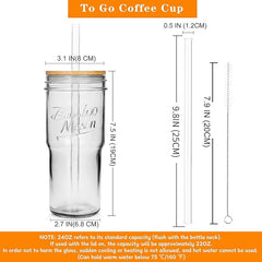 Glass Cups with Lids and Straws 4 Packs, 24oz Travel Coffee Mug Bamboo Mason Jar Valentines Party Drinking Jars Glasses Cute Clear Glass Tumbler for Iced Coffee, Smoothie, Tea, Water