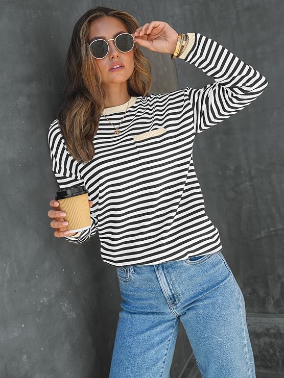 Womens Striped Soft Knit Pullover Sweater Loose Fit Shirts with Chest Pocket