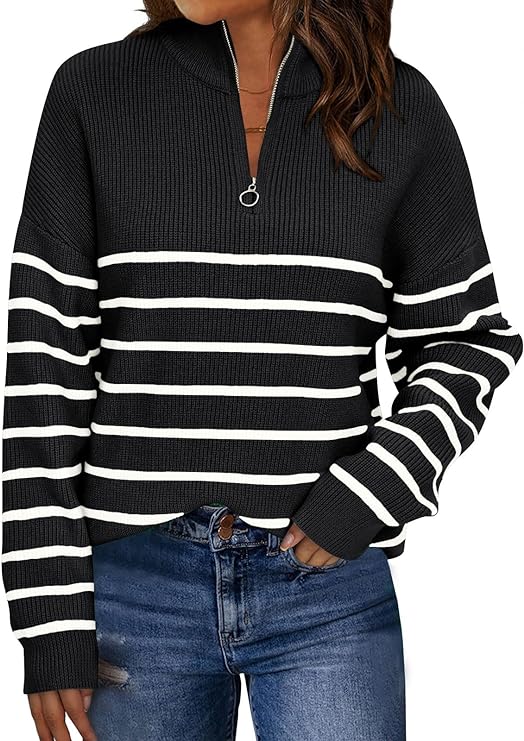 Women's Quarter Zip Striped Oversized Sweater 2025 Mock Turtleneck Fall Fashion Outfit