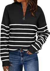Women's Quarter Zip Striped Oversized Sweater 2025 Mock Turtleneck Fall Fashion Outfit