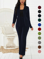 Two-piece Set Women's Plain Button Lapel Neck Blazer & Suit Pants, Elegant Business Casual Fitted Long Sleeve Outerwear & Trousers for Daily Outdoor Wear