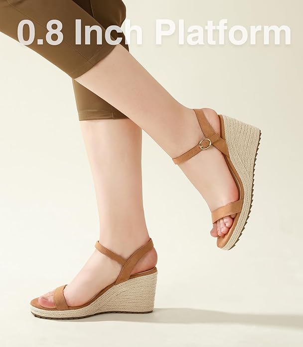 Platform Wedge Sandals for Women, Brown Espadrille Womens Wedge Sandals 3.4Inch High Heel Wedges, Comfortable, for Women Dressy, Open Toe, Ankle Strap, Summer