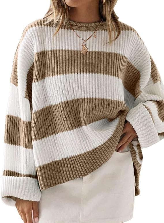 Women's 2025 Fall Long Sleeve Oversized Striped Color Block Comfy Loose Crew Neck Knitted Pullover Sweater