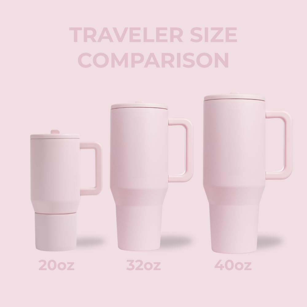 HydroJug Traveler 40 oz Insulated Water Bottle with Handle & Straw | Fits in Cup Holder | Leak Resistant Tumbler | Stainless Steel Base | Reusable | Pink Sand | Gifts for Women & Men