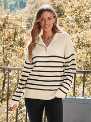 Women's Quarter Zip Striped Oversized Sweater 2025 Mock Turtleneck Fall Fashion Outfit