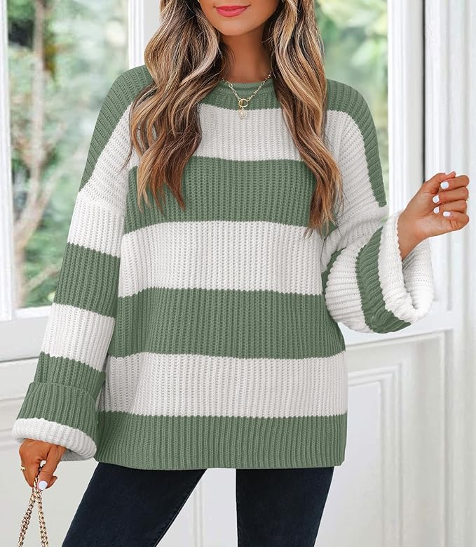 Women's 2025 Fall Long Sleeve Oversized Striped Color Block Comfy Loose Crew Neck Knitted Pullover Sweater