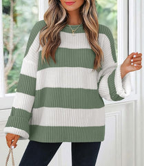 Women's 2025 Fall Long Sleeve Oversized Striped Color Block Comfy Loose Crew Neck Knitted Pullover Sweater