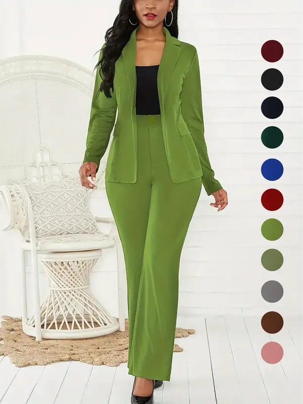 Two-piece Set Women's Plain Button Lapel Neck Blazer & Suit Pants, Elegant Business Casual Fitted Long Sleeve Outerwear & Trousers for Daily Outdoor Wear