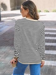 Womens Striped Soft Knit Pullover Sweater Loose Fit Shirts with Chest Pocket