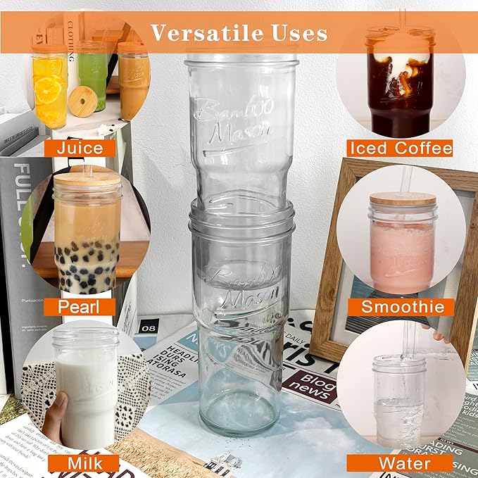 Glass Cups with Lids and Straws 4 Packs, 24oz Travel Coffee Mug Bamboo Mason Jar Valentines Party Drinking Jars Glasses Cute Clear Glass Tumbler for Iced Coffee, Smoothie, Tea, Water