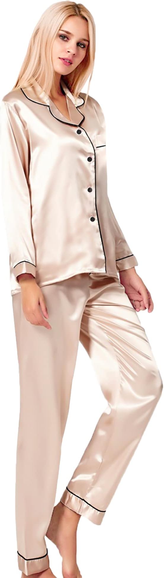 Womens Silk Satin Pajamas Set Long Sleeve Button Down Sleepwear 2 Piece Lounge Set Pj Set XS-3XL