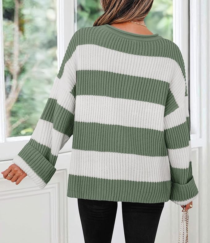 Women's 2025 Fall Long Sleeve Oversized Striped Color Block Comfy Loose Crew Neck Knitted Pullover Sweater