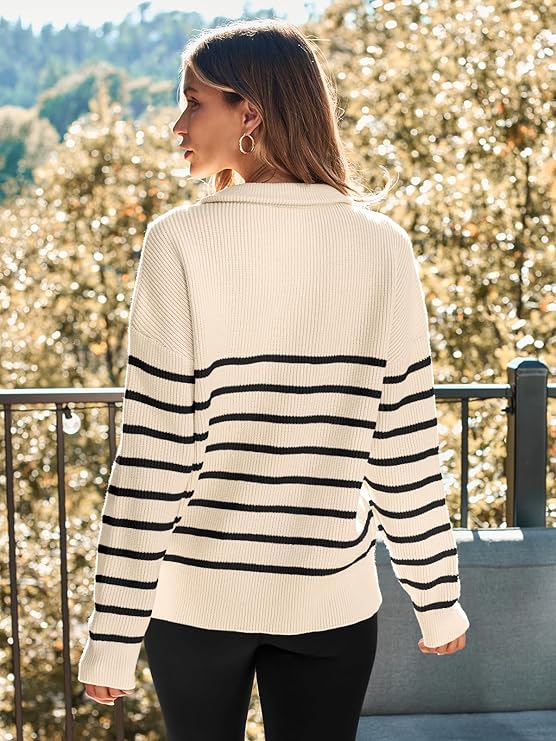 Women's Quarter Zip Striped Oversized Sweater 2025 Mock Turtleneck Fall Fashion Outfit
