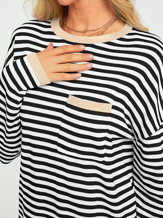 Womens Striped Soft Knit Pullover Sweater Loose Fit Shirts with Chest Pocket