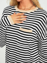 Womens Striped Soft Knit Pullover Sweater Loose Fit Shirts with Chest Pocket