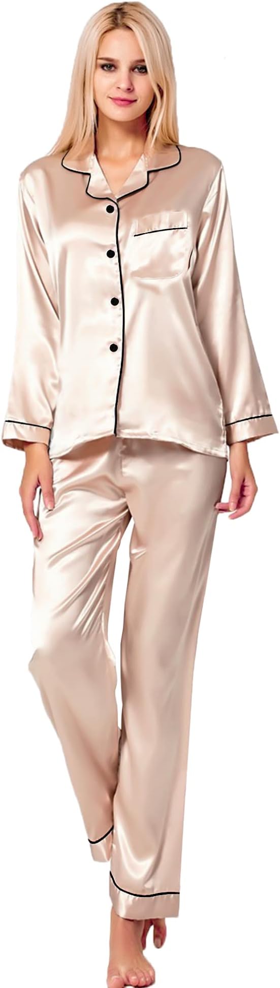 Womens Silk Satin Pajamas Set Long Sleeve Button Down Sleepwear 2 Piece Lounge Set Pj Set XS-3XL