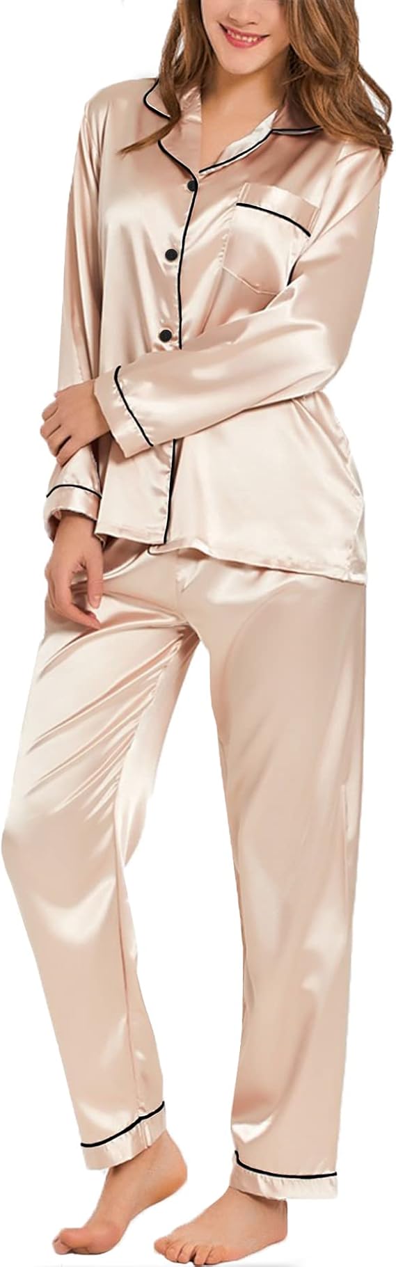 Womens Silk Satin Pajamas Set Long Sleeve Button Down Sleepwear 2 Piece Lounge Set Pj Set XS-3XL