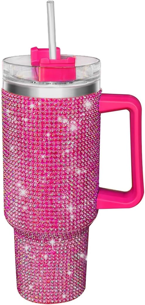 40oz Tumbler with Handle-Glitter Rhinestones Tumbler Bling Cups Stainless Steel Water Bottle Diamond Studded Tumbler for Women-Birthday Gifts for Women, Mom, Wife, Girlfriend (40 oz, Pink)