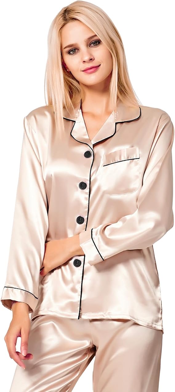Womens Silk Satin Pajamas Set Long Sleeve Button Down Sleepwear 2 Piece Lounge Set Pj Set XS-3XL