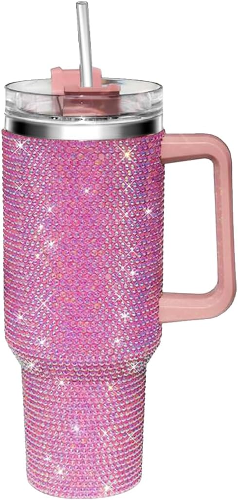 40oz Tumbler with Handle-Glitter Rhinestones Tumbler Bling Cups Stainless Steel Water Bottle Diamond Studded Tumbler for Women-Birthday Gifts for Women, Mom, Wife, Girlfriend (40 oz, Pink)