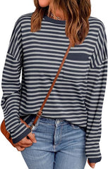 Womens Striped Soft Knit Pullover Sweater Loose Fit Shirts with Chest Pocket