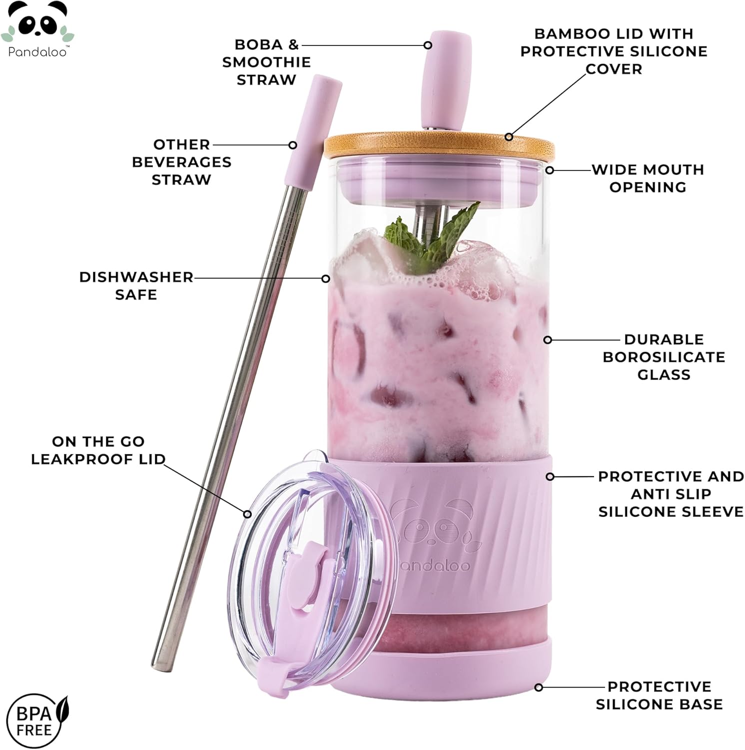 Glass Cups With Lids and Straws -20 Fl Oz- Perfect Size Iced Coffee Cup - Smoothie Cup With Bamboo Lid and On the go Lid - Glass Tumbler With Straw (1 Count (Pack of 1), Lilac Rhapsody)