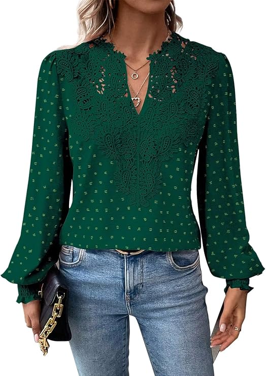 Womens Tops V Neck Boho Long Sleeve Shirts Swiss Dot Chiffon Blouses Flowy Lace Crochet Clothing Casual Trendy Tunic