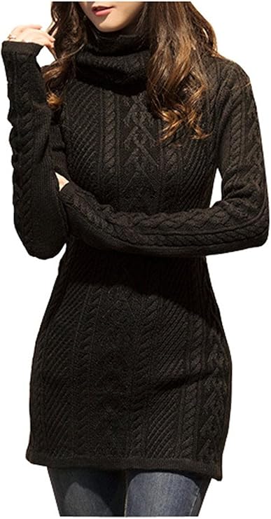 v28 Women Polo Neck Long Slim Fitted Dress Bodycon Turtleneck Cable Knit Sweater