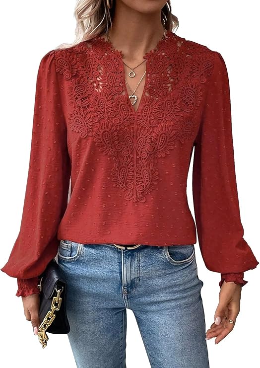 Womens Tops V Neck Boho Long Sleeve Shirts Swiss Dot Chiffon Blouses Flowy Lace Crochet Clothing Casual Trendy Tunic