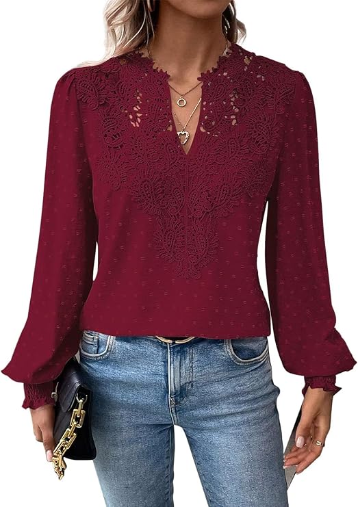 Womens Tops V Neck Boho Long Sleeve Shirts Swiss Dot Chiffon Blouses Flowy Lace Crochet Clothing Casual Trendy Tunic