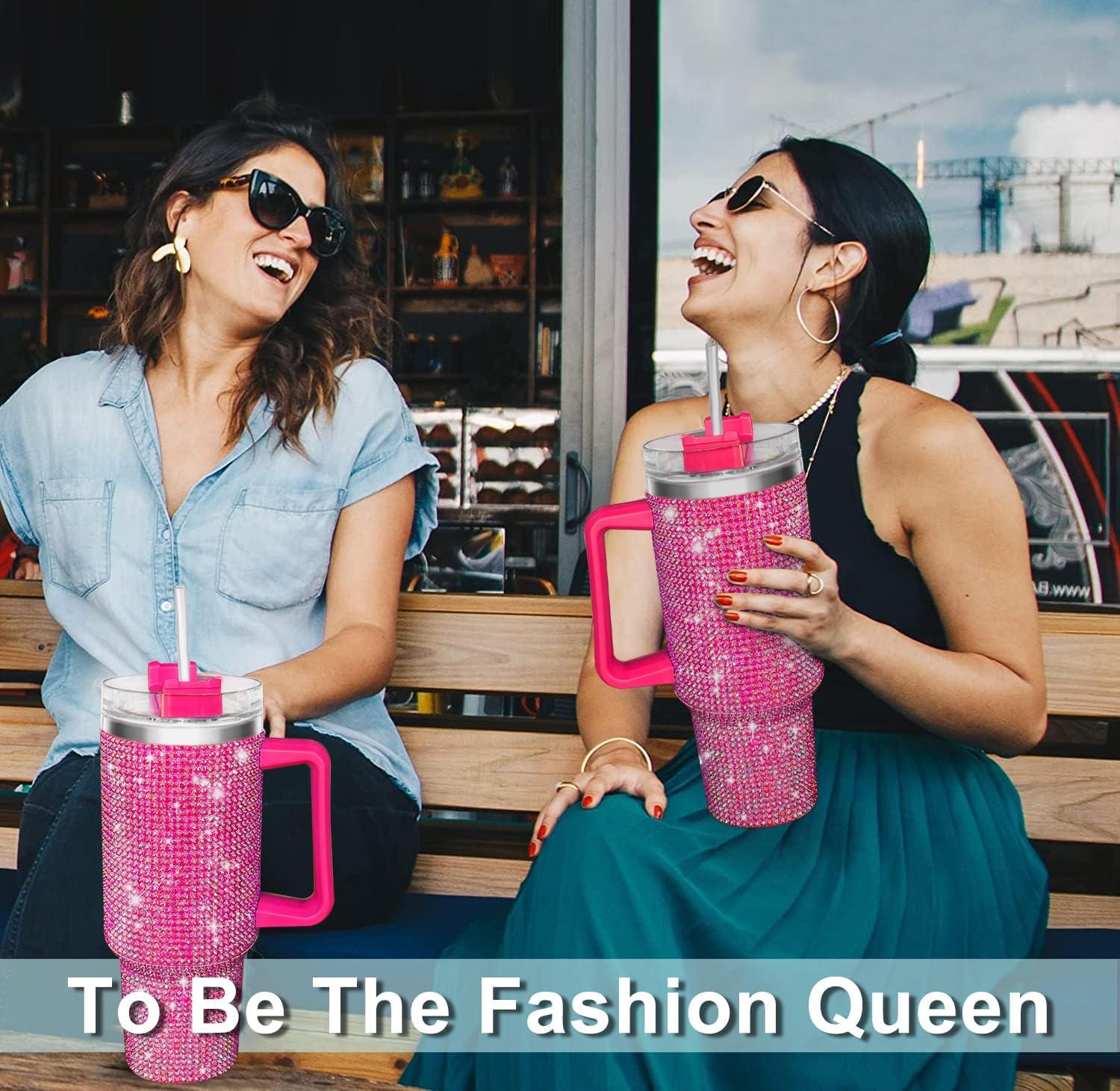40oz Tumbler with Handle-Glitter Rhinestones Tumbler Bling Cups Stainless Steel Water Bottle Diamond Studded Tumbler for Women-Birthday Gifts for Women, Mom, Wife, Girlfriend (40 oz, Pink)