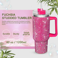 40oz Tumbler with Handle-Glitter Rhinestones Tumbler Bling Cups Stainless Steel Water Bottle Diamond Studded Tumbler for Women-Birthday Gifts for Women, Mom, Wife, Girlfriend (40 oz, Pink)