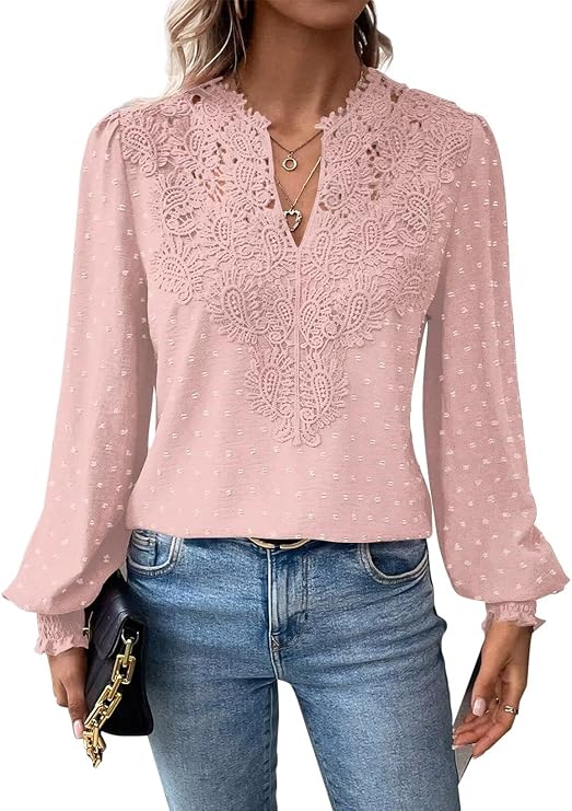 Womens Tops V Neck Boho Long Sleeve Shirts Swiss Dot Chiffon Blouses Flowy Lace Crochet Clothing Casual Trendy Tunic