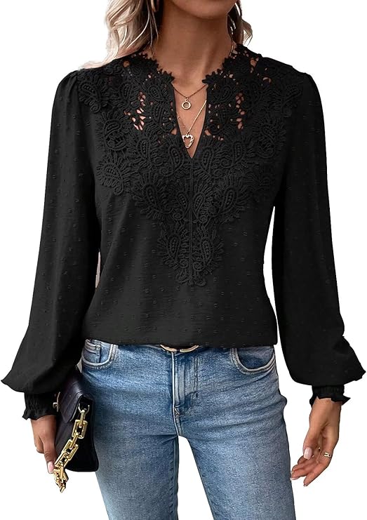 Womens Tops V Neck Boho Long Sleeve Shirts Swiss Dot Chiffon Blouses Flowy Lace Crochet Clothing Casual Trendy Tunic