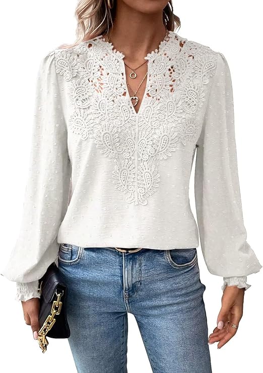 Womens Tops V Neck Boho Long Sleeve Shirts Swiss Dot Chiffon Blouses Flowy Lace Crochet Clothing Casual Trendy Tunic