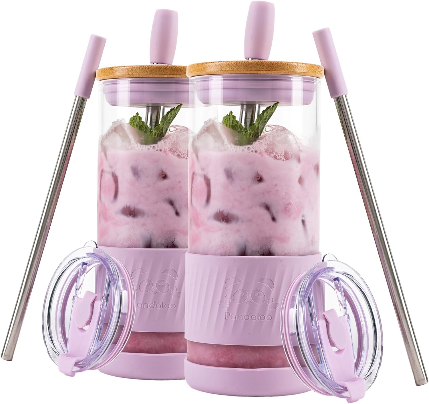 Glass Cups With Lids and Straws -20 Fl Oz- Perfect Size Iced Coffee Cup - Smoothie Cup With Bamboo Lid and On the go Lid - Glass Tumbler With Straw (1 Count (Pack of 1), Lilac Rhapsody)