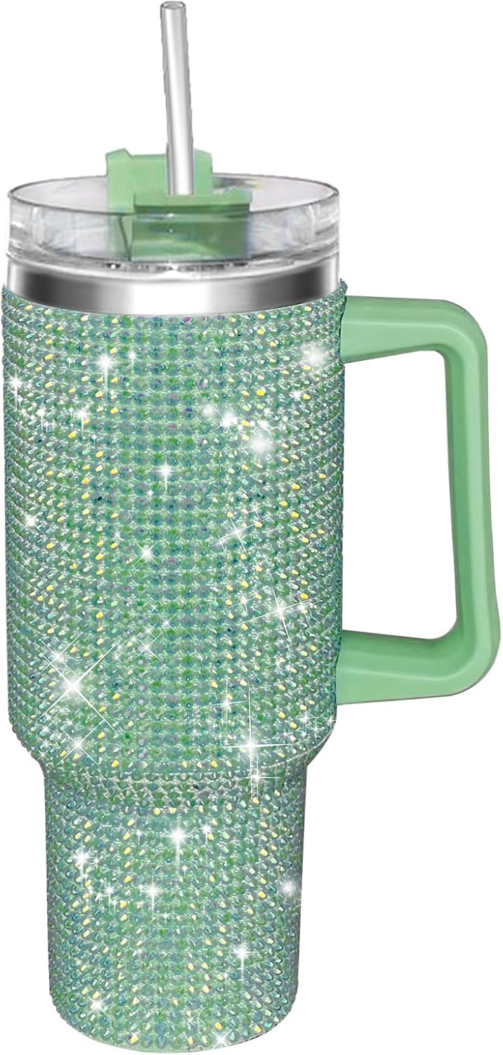 40oz Tumbler with Handle-Glitter Rhinestones Tumbler Bling Cups Stainless Steel Water Bottle Diamond Studded Tumbler for Women-Birthday Gifts for Women, Mom, Wife, Girlfriend (40 oz, Pink)