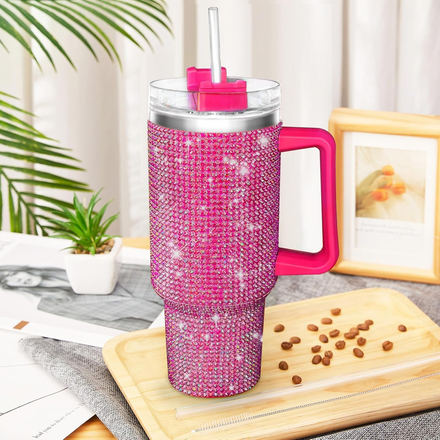 40oz Tumbler with Handle-Glitter Rhinestones Tumbler Bling Cups Stainless Steel Water Bottle Diamond Studded Tumbler for Women-Birthday Gifts for Women, Mom, Wife, Girlfriend (40 oz, Pink)