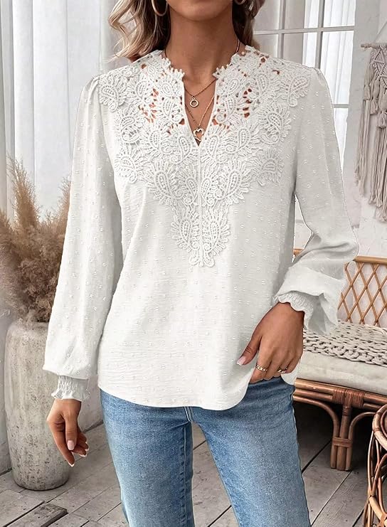 Womens Tops V Neck Boho Long Sleeve Shirts Swiss Dot Chiffon Blouses Flowy Lace Crochet Clothing Casual Trendy Tunic