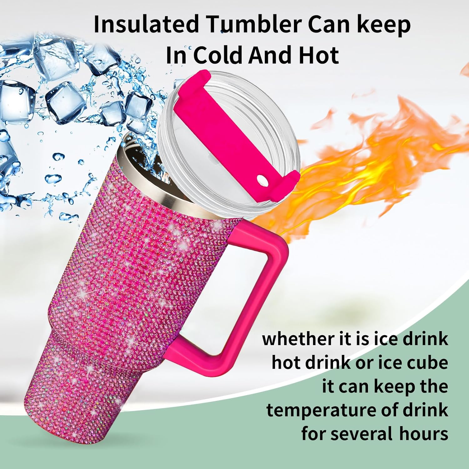 40oz Tumbler with Handle-Glitter Rhinestones Tumbler Bling Cups Stainless Steel Water Bottle Diamond Studded Tumbler for Women-Birthday Gifts for Women, Mom, Wife, Girlfriend (40 oz, Pink)