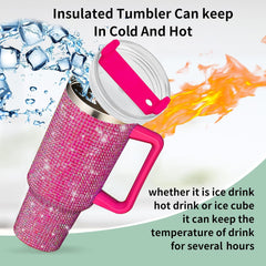 40oz Tumbler with Handle-Glitter Rhinestones Tumbler Bling Cups Stainless Steel Water Bottle Diamond Studded Tumbler for Women-Birthday Gifts for Women, Mom, Wife, Girlfriend (40 oz, Pink)