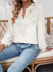 Womens Tops V Neck Boho Long Sleeve Shirts Swiss Dot Chiffon Blouses Flowy Lace Crochet Clothing Casual Trendy Tunic