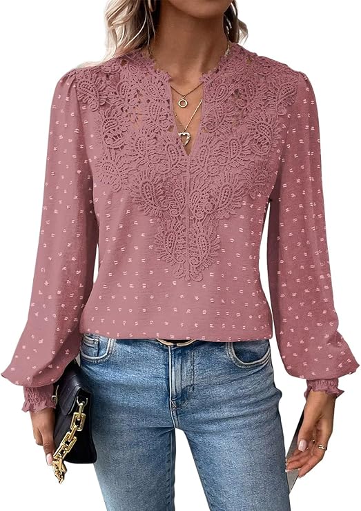 Womens Tops V Neck Boho Long Sleeve Shirts Swiss Dot Chiffon Blouses Flowy Lace Crochet Clothing Casual Trendy Tunic