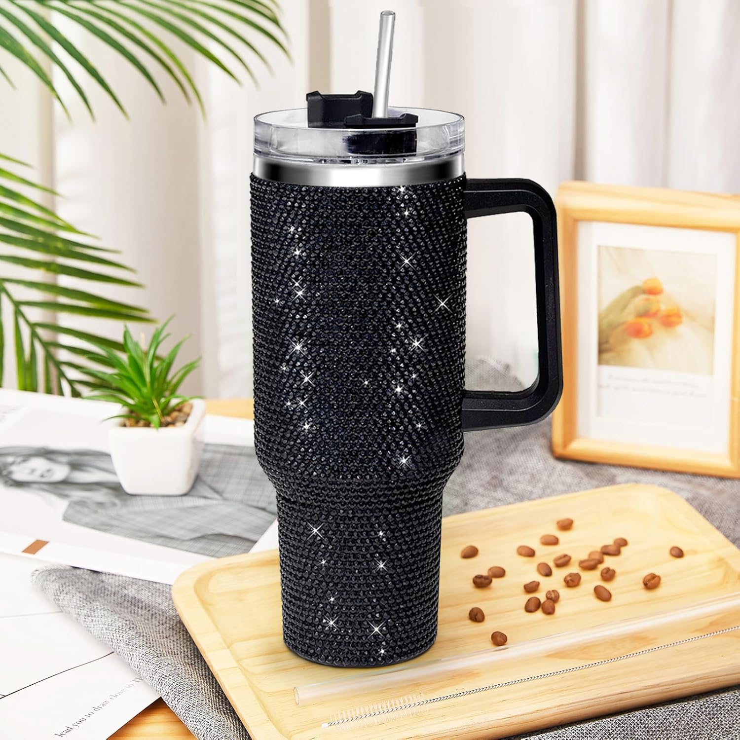 40oz Tumbler with Handle-Glitter Rhinestones Tumbler Bling Cups Stainless Steel Water Bottle Diamond Studded Tumbler for Women-Birthday Gifts for Women, Mom, Wife, Girlfriend (40 oz, Pink)