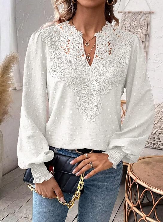 Womens Tops V Neck Boho Long Sleeve Shirts Swiss Dot Chiffon Blouses Flowy Lace Crochet Clothing Casual Trendy Tunic