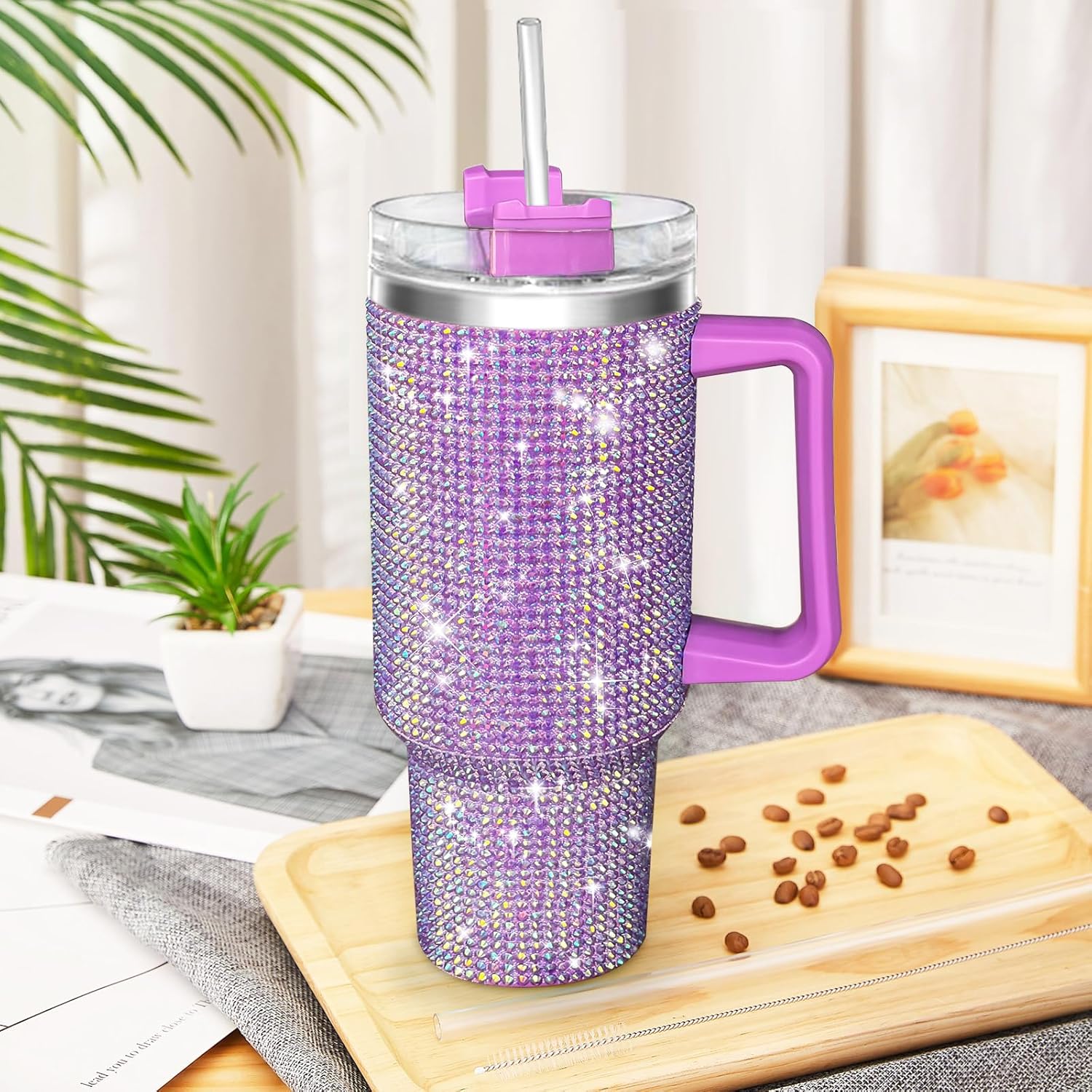 40oz Tumbler with Handle-Glitter Rhinestones Tumbler Bling Cups Stainless Steel Water Bottle Diamond Studded Tumbler for Women-Birthday Gifts for Women, Mom, Wife, Girlfriend (40 oz, Pink)